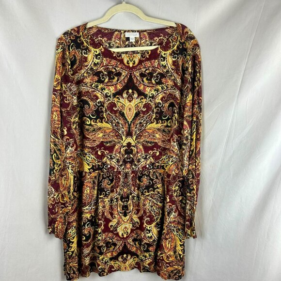 J Jill Soft Boat Neck Tunic Blouse Women Large Orange Black Paisley Long Sleeve - Picture 5 of 9